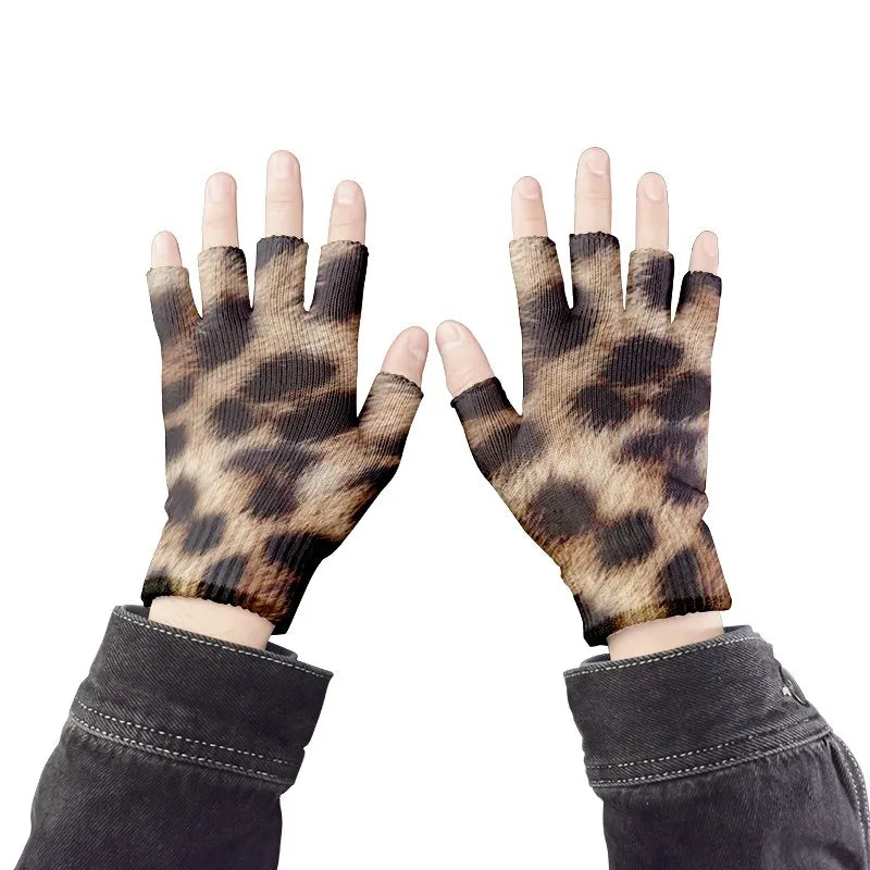 Women Leopard Gloves Fashion Elastic Five Fingers Men's Outdoor Qme