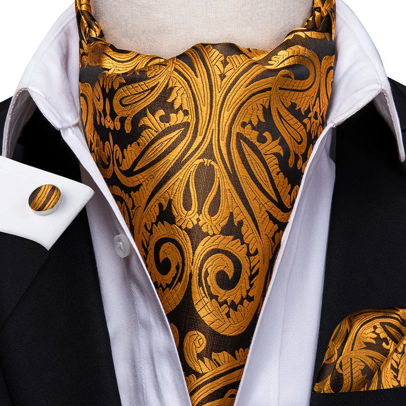 Hi-tie Silk Men's Ascot Pocket Square Cufflinks Jacquard Floral