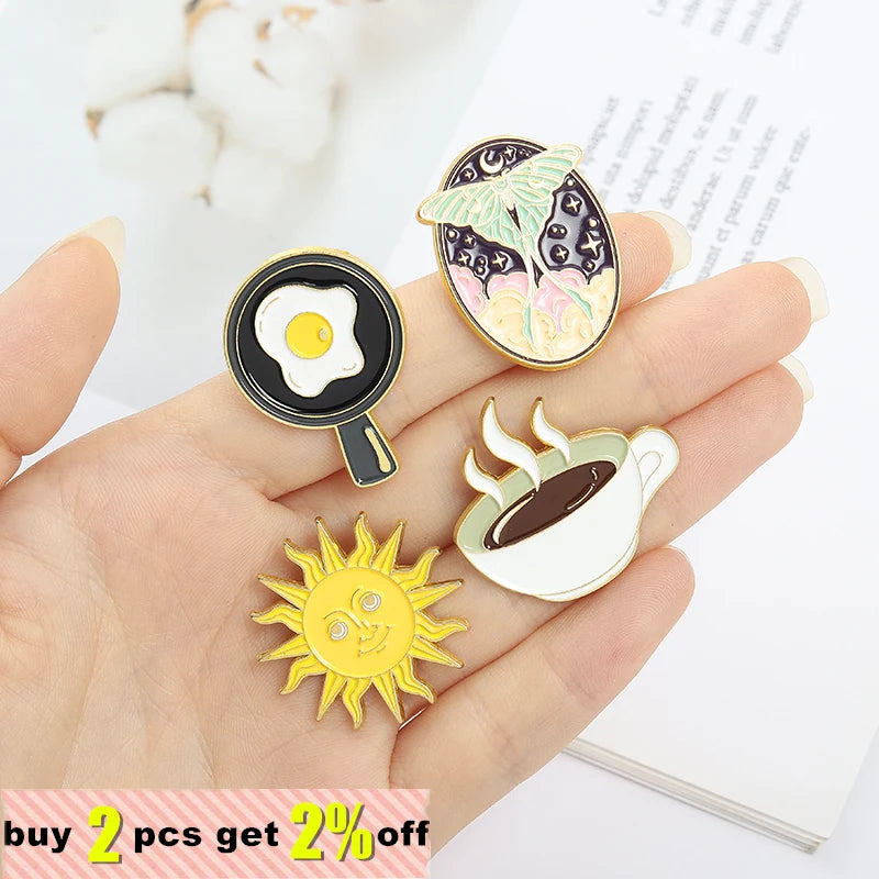 Cartoon Clock Coffee Sun Dinosaur Brooch Metal Alloy Fashion Jewelry Lapel Enamel Pins Badge Accessories Wholesale Drop Shipping Qme