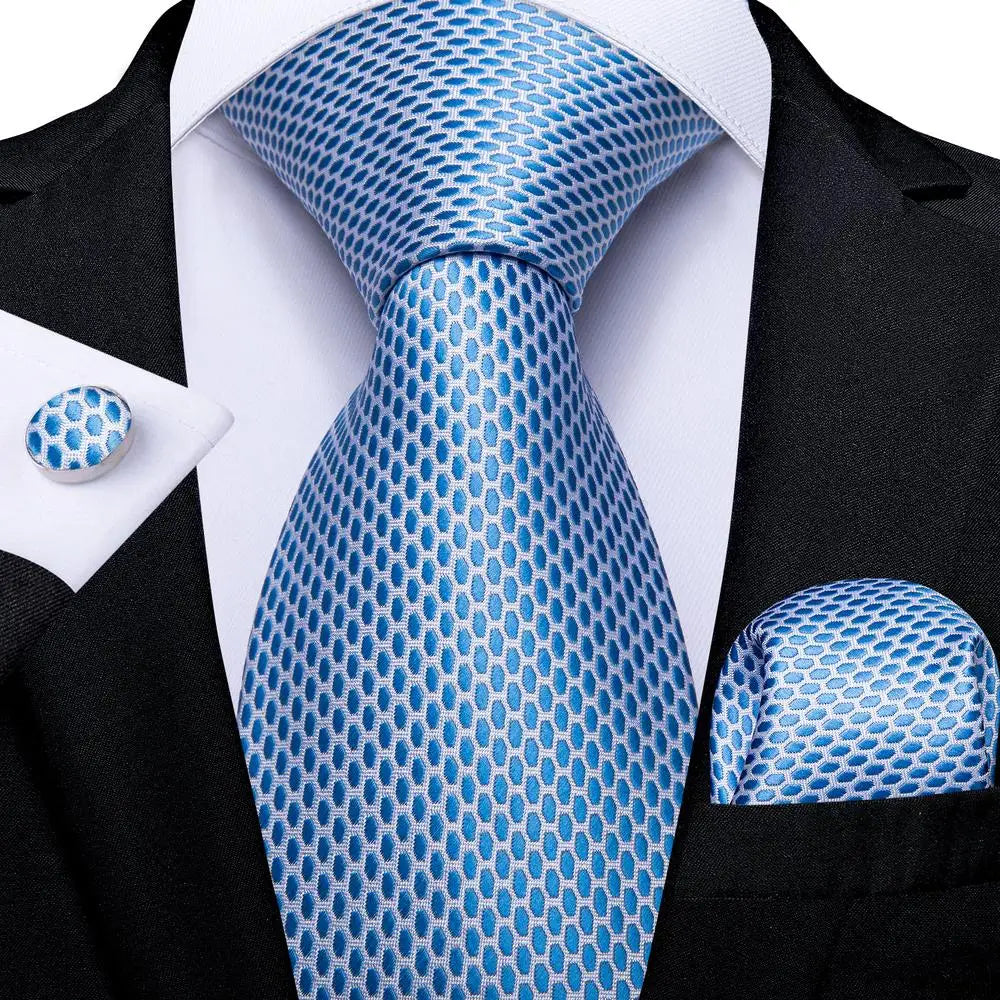 Hi-tie Light Blue Striped Novelty Wedding Tie Men Handky Cufflinks Qme 1535