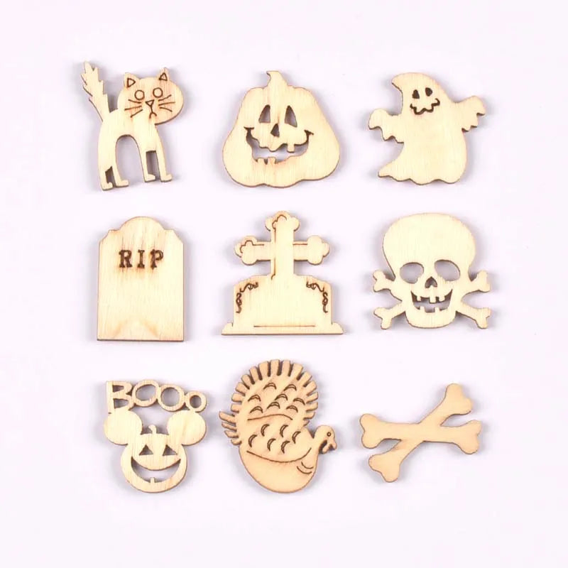 50Pcs Halloween Skull/pumpkin Wood Slices DIY Crafts Supplies Wooden Embellishments Handmade Scrapbooking Party Home Decor m2717 Qme