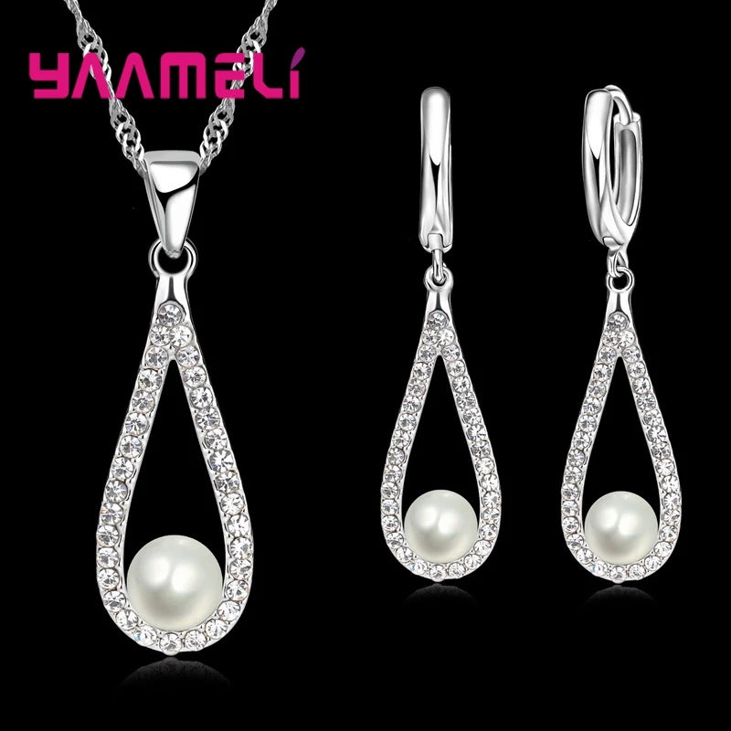 Pure 925 Sterling Silver Color CZ Crystal Water Drop Pearl Necklaces Pendant Chain Earrings Woman Fine Wedding Jewelry Set Gift Qme Default Title