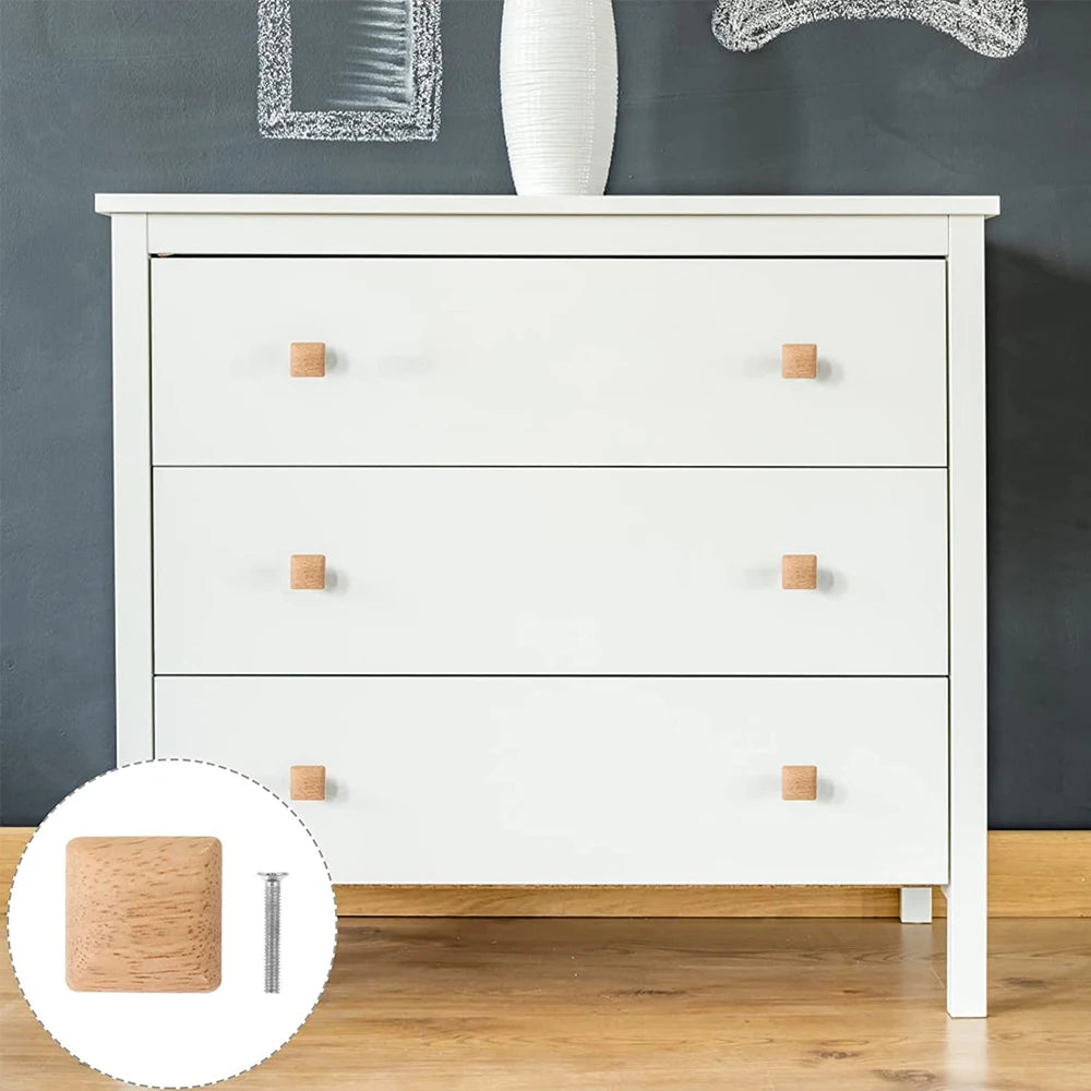 Wooden Drawer Knobs Cabinet Pulls Square Natural Wood Furniture Handles Single Hole Dressing Table Closet Door Knob with Screws Qme