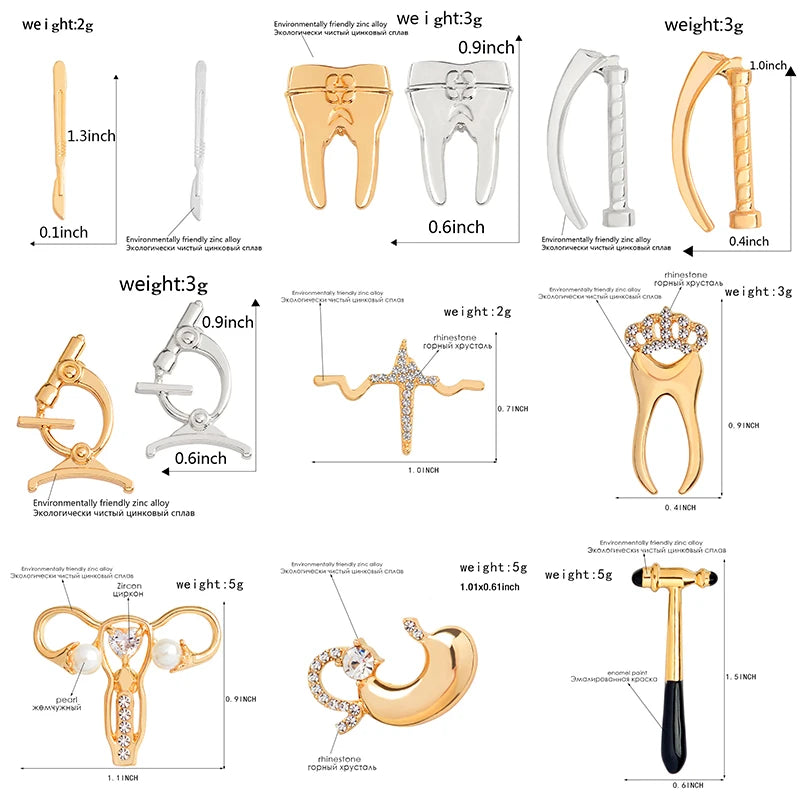 Medical Brooches Collection Crystal Uterus Microscope Scalpel Stomach ECG Tooth Pins Jewelry for Doctor Nurse Badge Wholesale Qme
