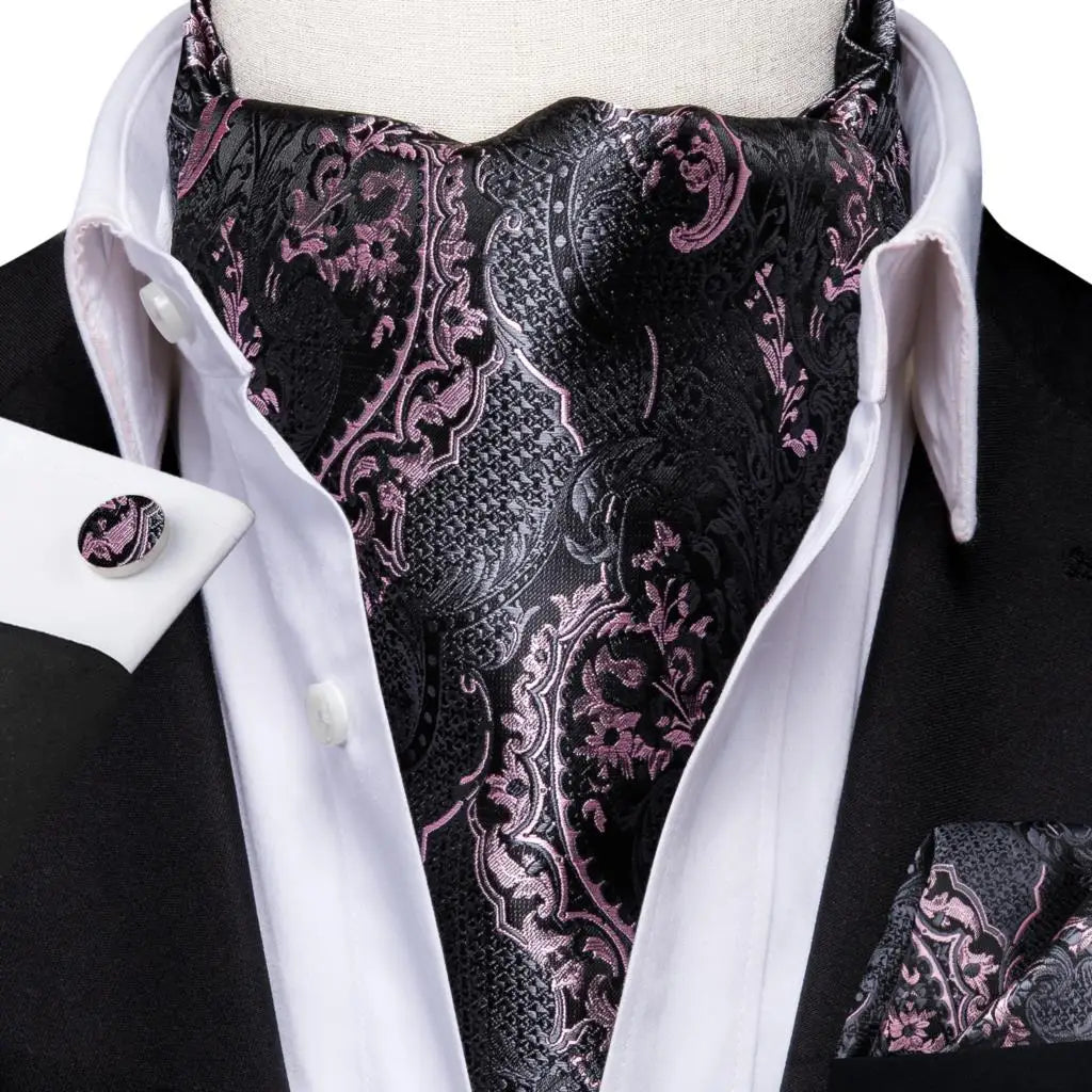 Hi-tie Silk Men's Ascot Pocket Square Cufflinks Jacquard Floral Qme AS-1054
