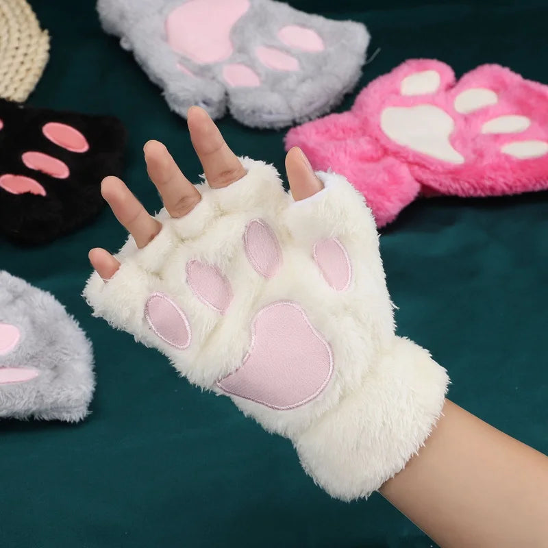 New Winter Gloves Women Bear Plush Cat Paw Claw Gloves Cute Kitten Fingerless Mittens Christmas Halloween for Girls Gift Gloves Qme WHITE One Size