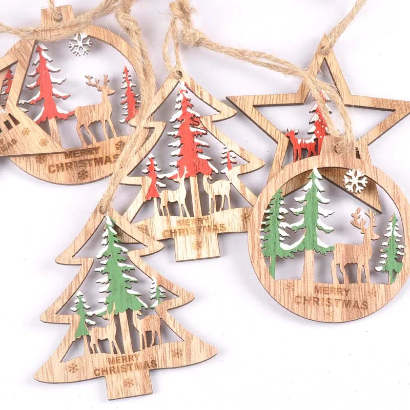 3Pcs Tree/star Pattern Christmas Red Green Wooden Ornaments Decor For Home Xmas Tree Hanging Pendants Wood Slices Crafts c2353 Qme