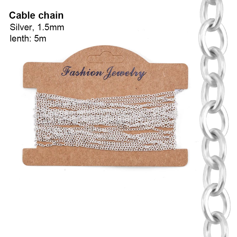 6 Types Jewelry Making Chains Plated Silver Gold Copper Cable Link Chains For DIY Jewelry Necklace Bracelet Crafts 5 Meters Qme Cable Silver 1.5