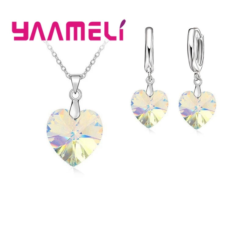 Love Heart Shape Women 925 Sterling Silver Color Bridal Jewelry Set For Wedding Fashion Crystal Pendants Necklaces Earring Set Qme Color AB