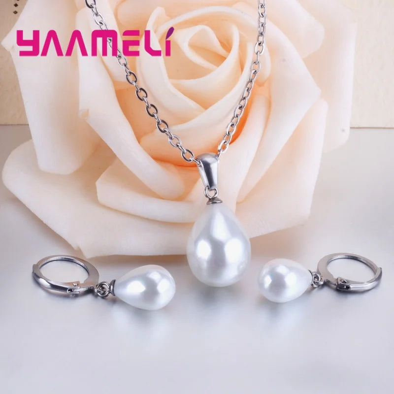 925 Sterling Silver Color Pearl Pendant Necklace Loop Hoop Earrings White Teardrop Women Girls Wedding Party Nice Gifts Qme