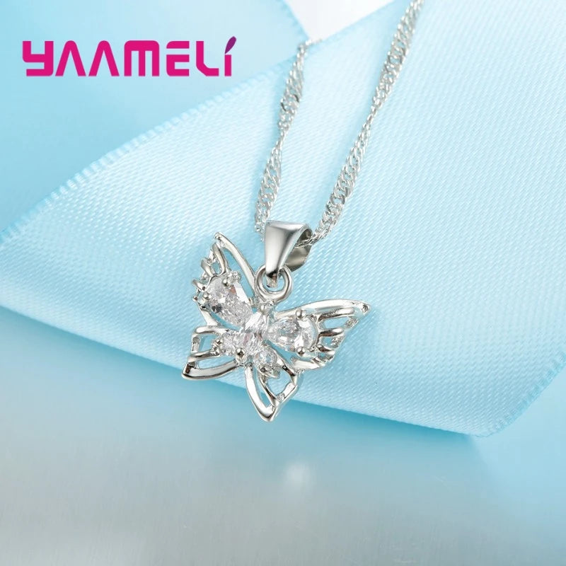 New Fashion 925 Sterling Silver Color Jewelry Sets Shining Austrian Crystal Inlaid Butterfly Wedding Pendant Necklace Earrings Qme
