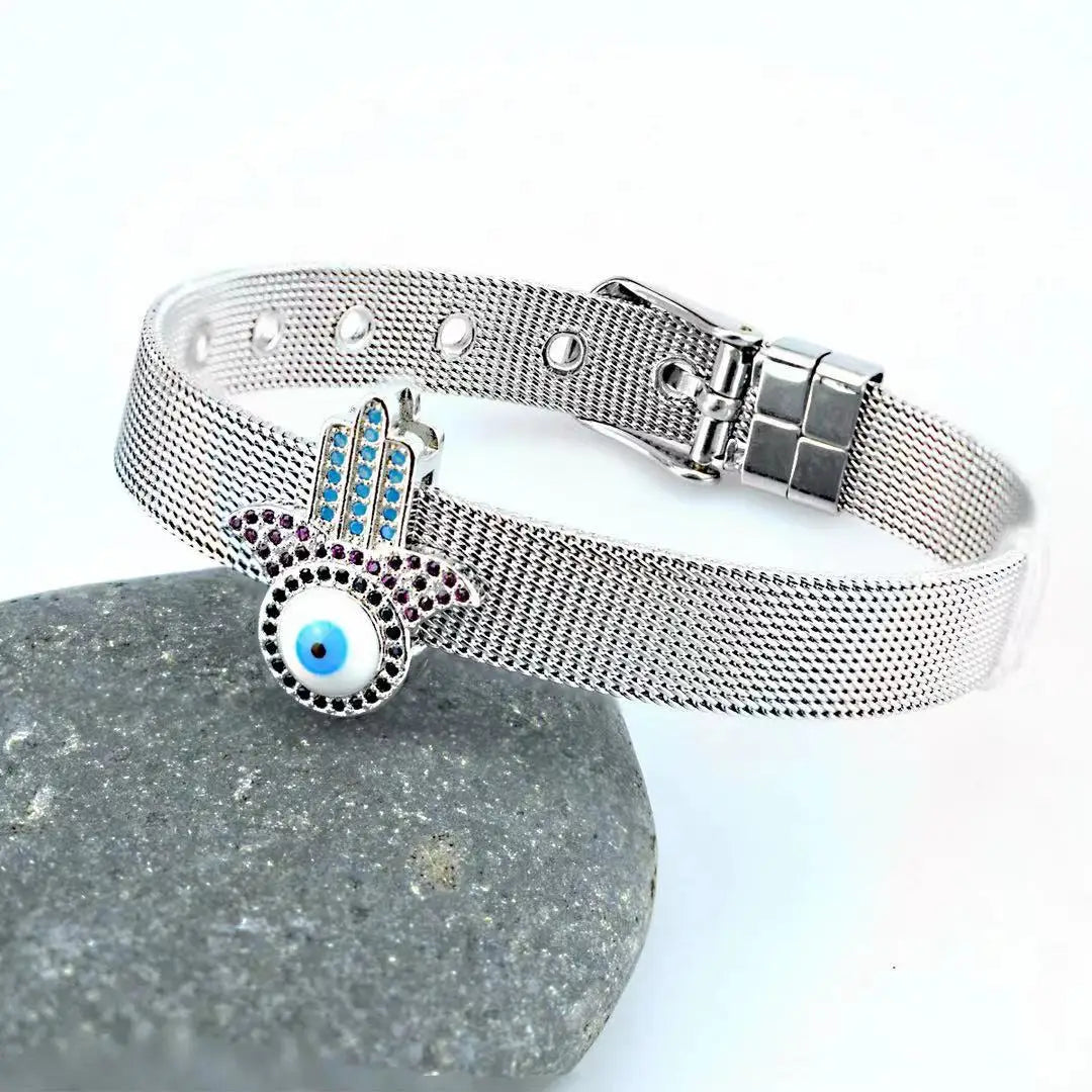 Simple fashion love palm evil eye stainless steel strap bracelet inlaid with colored diamonds zircon men and women jewelry gifts Qme