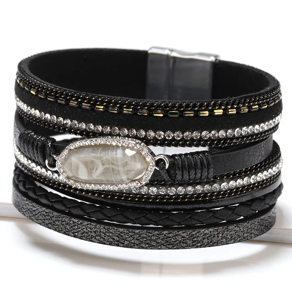 Ladies Natural Stone Leather Bracelet Fashion Bohemian Braided Rope Wide Multilayer Winding Bracelet Men's and Women's Jewelry Qme