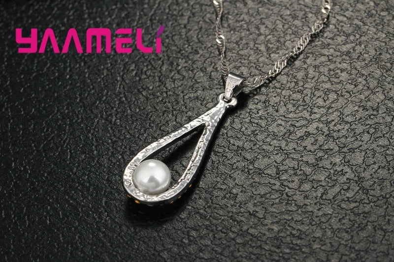 Pure 925 Sterling Silver Color CZ Crystal Water Drop Pearl Necklaces Pendant Chain Earrings Woman Fine Wedding Jewelry Set Gift Qme