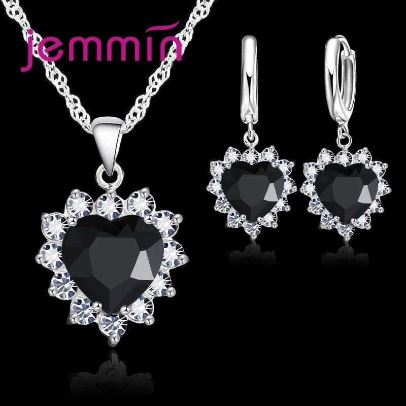 Top Sale Wding Engagement Anniversary Gift Jewelry Sets 925 Silver Color Stamped Heart Pendant Hoop Earrings for Women Girls Qme Black