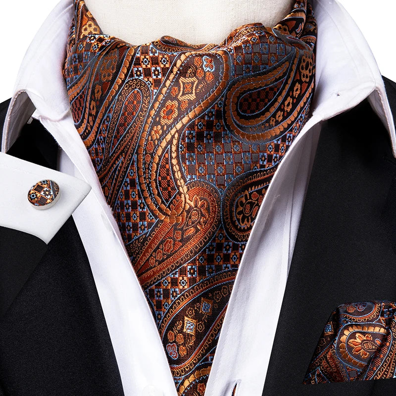 Hi-tie Silk Men's Ascot Pocket Square Cufflinks Jacquard Floral Qme AS-1037