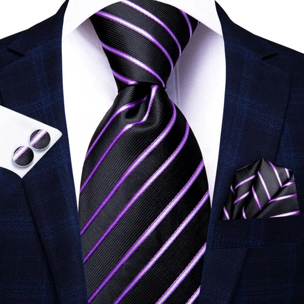 Black Red Striped Wedding Tie Men Handky Cufflink Necktie Fashion Qme
