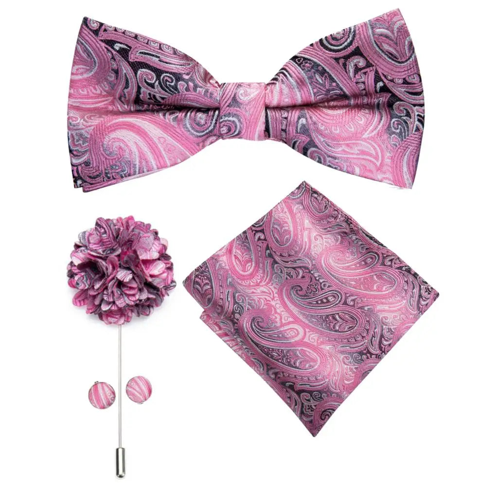 Hi-tie Silk Men's Bowtie Pocket Square Cufflinks Brooch Jacquard