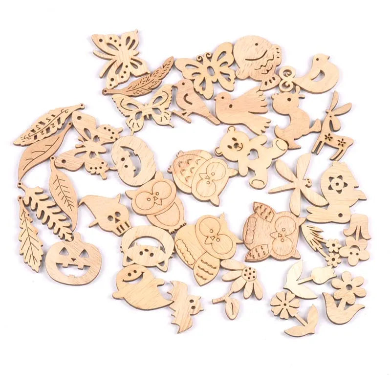 25Pcs Vintage Flowers/owls/leaves DIY Wooden Ornaments Scrapbook Craft Unfinished Natural Wood Slices For Home Decor m2731 Qme mix