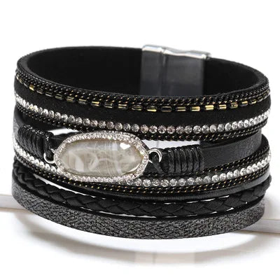Ladies Natural Stone Leather Bracelet Fashion Bohemian Braided Rope Wide Multilayer Winding Bracelet Men's and Women's Jewelry Qme 2 20cm