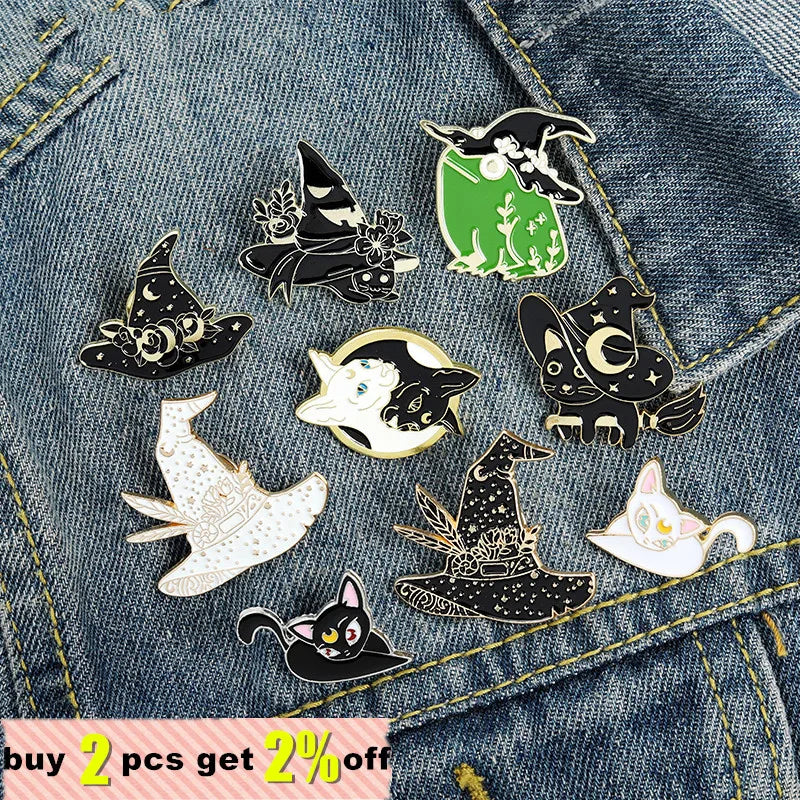 Witch Enamel Pins Collection Witch Hat and Cat Frog Pins Up Crescent Moon Black Gothic Lapel Pin Wiccan Brooches Witches Jewelry Qme