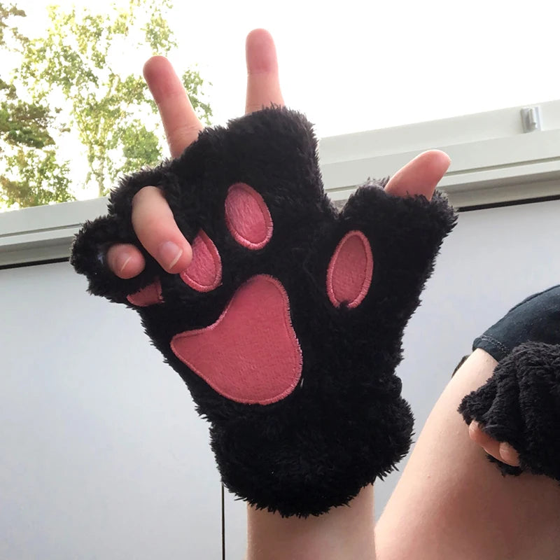 New Winter Gloves Women Bear Plush Cat Paw Claw Gloves Cute Kitten Fingerless Mittens Christmas Halloween for Girls Gift Gloves Qme