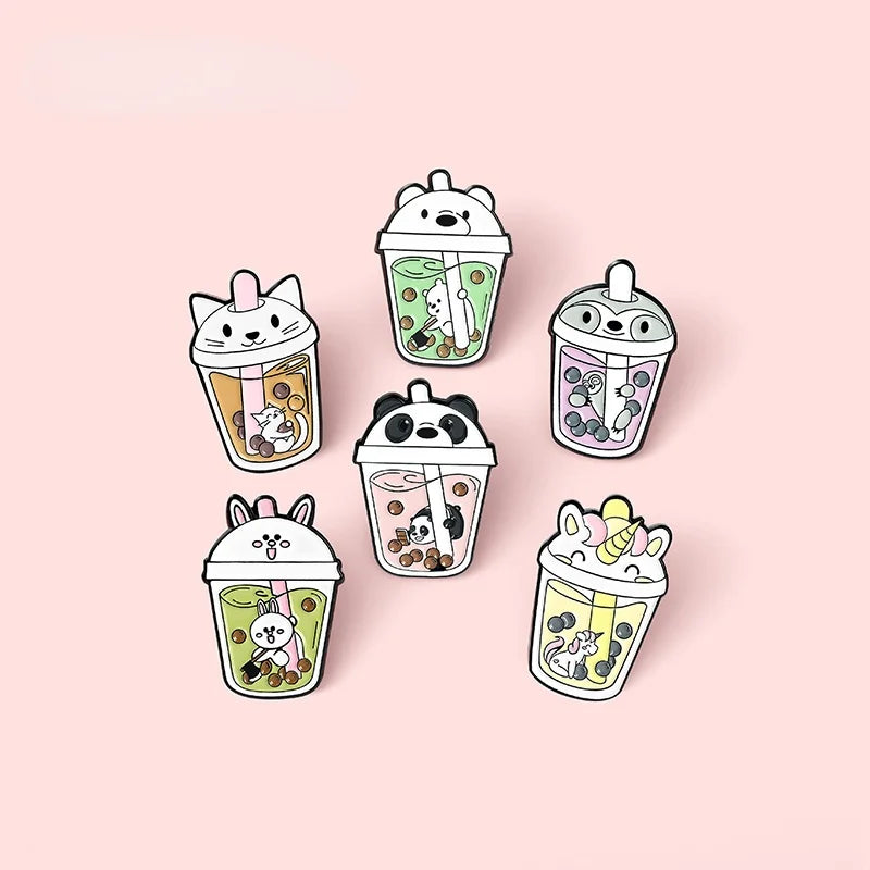 Cute Bubble Cat Penguin Boba Tea Enamel Pins Tapioca Milk Tea Lapel Pin Animal Badges Bag Kitty Brooches for Gift Wholesale Qme