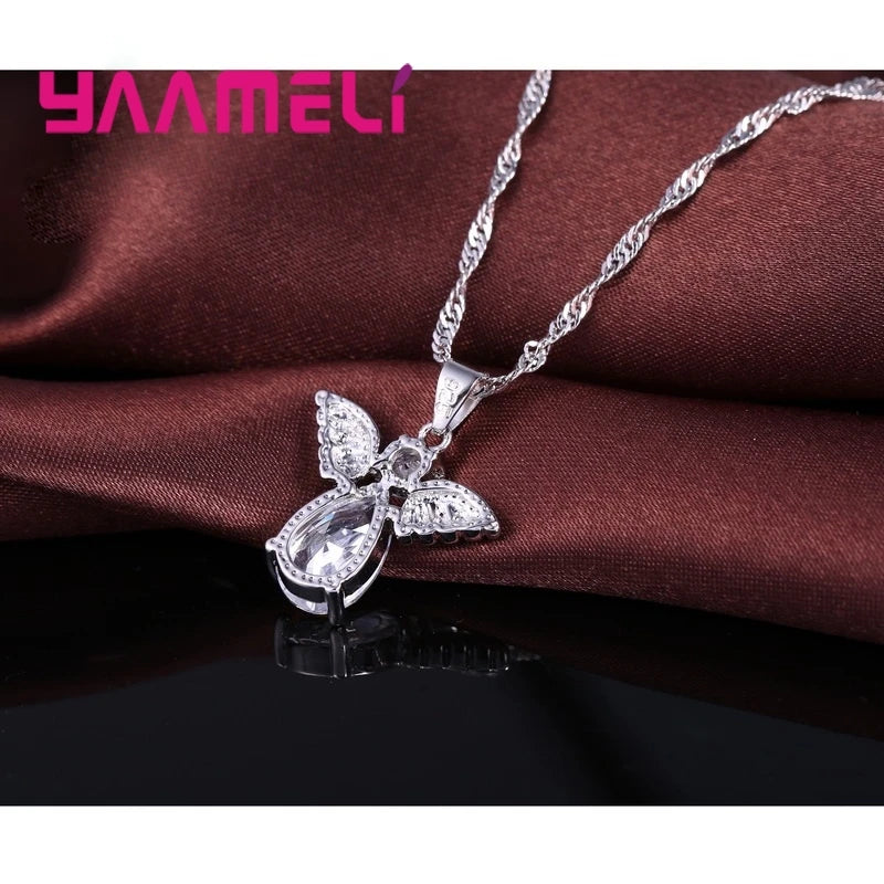 Sale Specials Cute Angel Shape Jewelry Sets Crystal 925 Sterling Silver Color Pendant Necklace And Earring Set Lady Birthday Qme