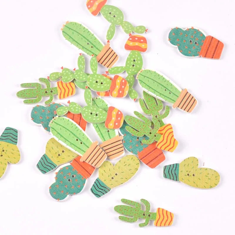 20Pcs Mixed Cartoon Cactus Wooden Buttons For Sewing Clothing DIY Crafts Scrapbooking Decorative Handmade Accessories m2207 Qme