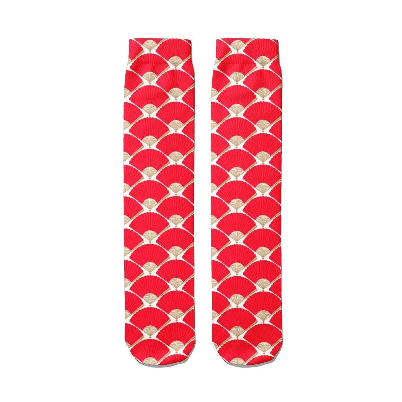Women Nylon Long Socks 3D Print Cartoon Harajuku Heart Funny Tube Red Qme style2 One Size China Mainland