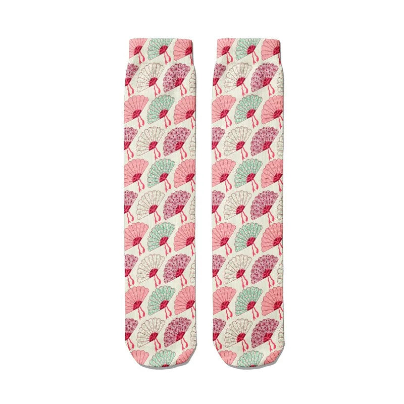 Women Nylon Long Socks 3D Print Cartoon Harajuku Heart Funny Tube Red Qme style7 One Size China Mainland