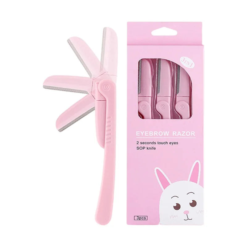 3Pcs/Set Pink Folding Eyebrow Trimmer Armpit Hair Razor Beauty Face Eye Brow Shaper Shaver Stainless Steel Blades Makeup Tools Qme