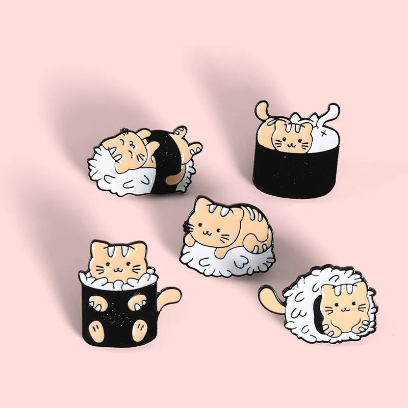Sushi Rice Ball Cat Enamel Pins Food Badge Cartoon Brooches for Women Cute Animal Lapel Pin Bag Anime Jewelry Gift Wholesale Qme set