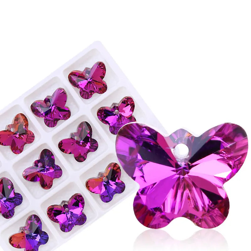 14mm 6754 Butterfly Pendant Beads Glass Butterfly Charms Gems Crystal for Women Jewelery Making Earring Necklace DIY 12pcs/lot Qme Fuchsia