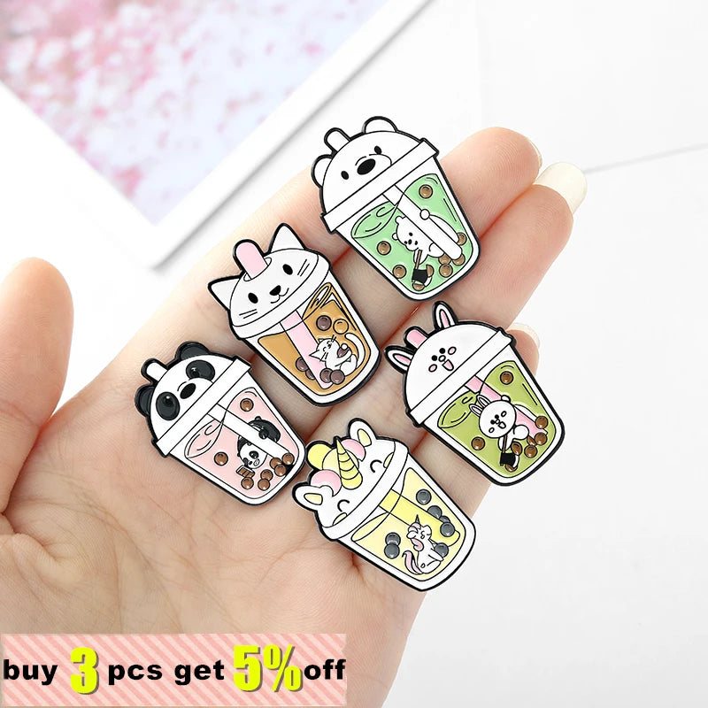 Cute Bubble Cat Penguin Boba Tea Enamel Pins Tapioca Milk Tea Lapel Pin Animal Badges Bag Kitty Brooches for Gift Wholesale Qme