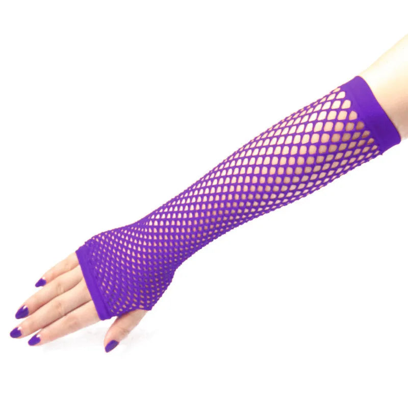 Women Fashion Neon Fishnet Fingerless Long Gloves Leg Arm Cuff Party Qme PURPLE Length -26cm