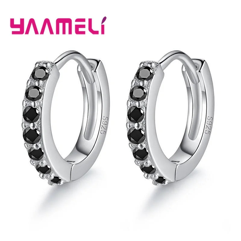Earrings for Women Girls Simple Crystal Loop Hoop 925 Sterling Silver Stamped Jewelry Hot Sale Wedding Engagement Accessory Qme Black