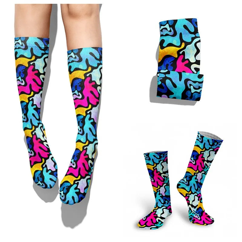 3D Cool Doodle Printing Socks Fashion Trend Hip Hop Thigh Colorful Qme