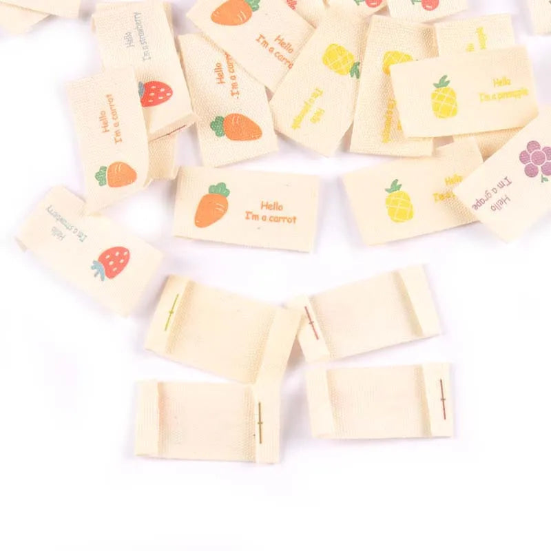 50Pcs Fruits Printed Cherry/Grape/Strawberry Labels Sewing Accessories Washable Care Bags Clothes Handmade Crafts Garment Tags Qme
