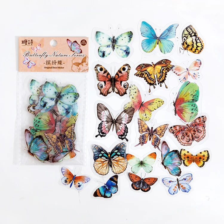 40Pcs/lot Butterfly Deco Stickers Scrapbooking Bullet Journaling Toy Retro Craft Deco Album DIY Stationery Stickers Waterproof Qme E