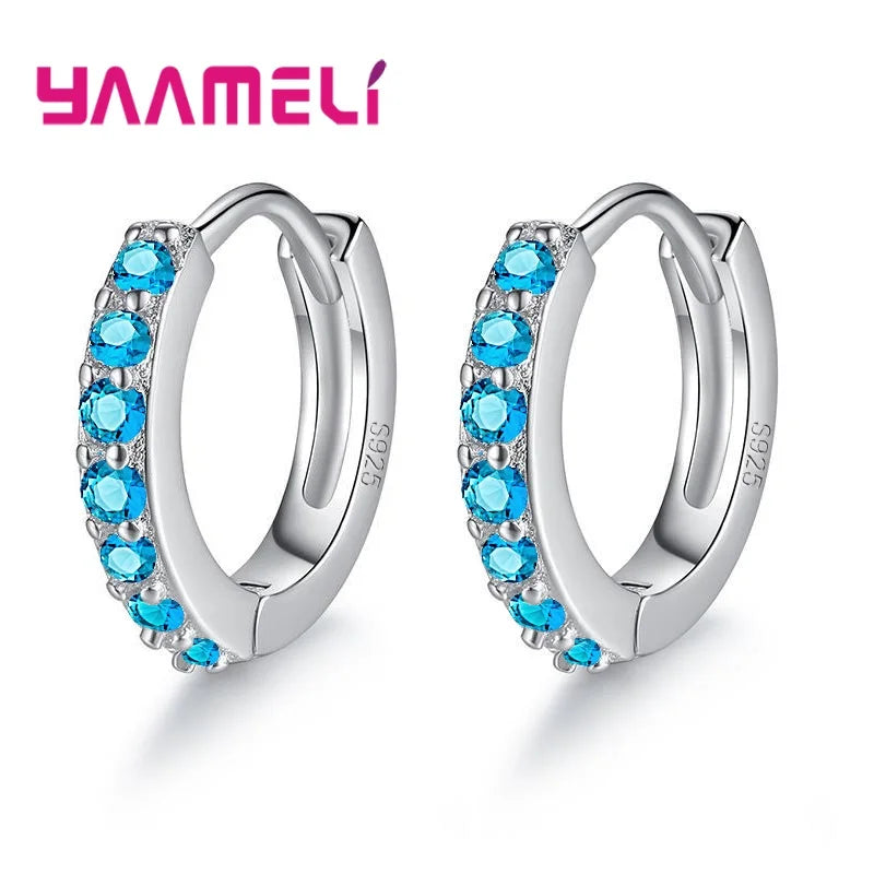 Earrings for Women Girls Simple Crystal Loop Hoop 925 Sterling Silver Stamped Jewelry Hot Sale Wedding Engagement Accessory Qme Blue