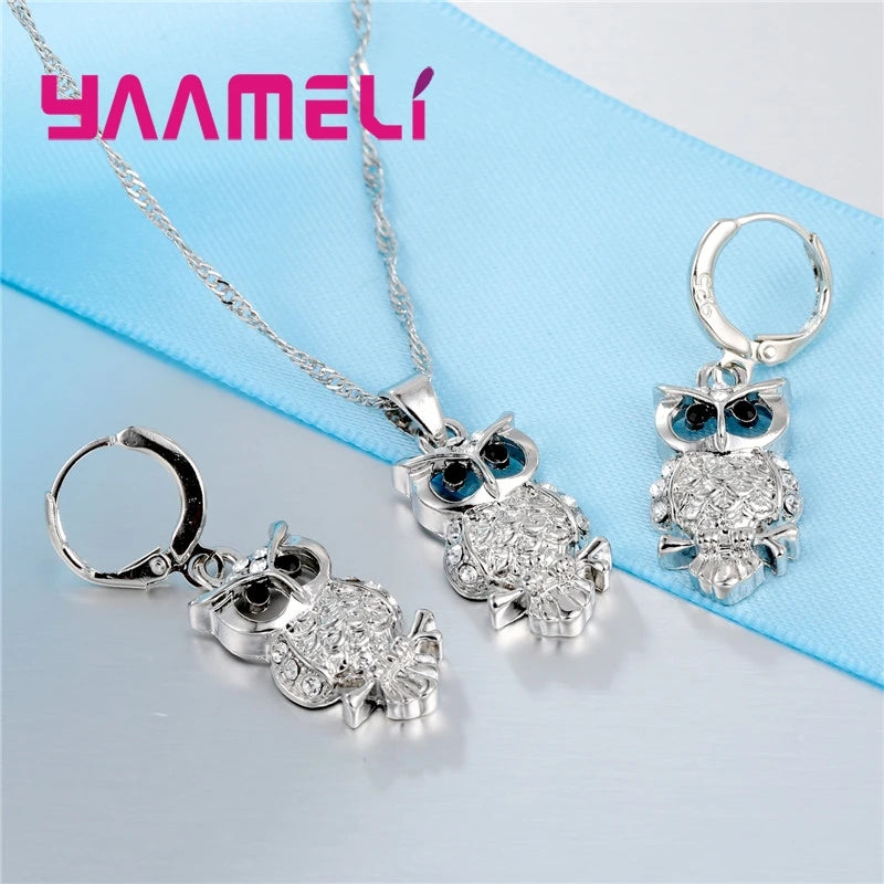 Shining Full African AAA Crystal Owl Pendant Necklace Earrings Sets Women Best Gifts 925 Sterling Silver Color Party Accessory Qme