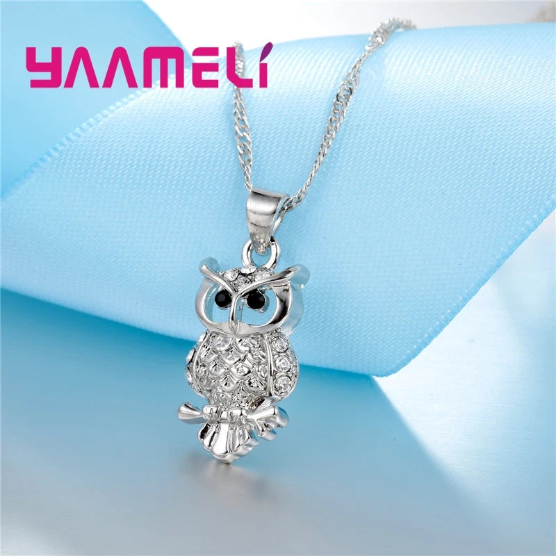 Shining Full African AAA Crystal Owl Pendant Necklace Earrings Sets Women Best Gifts 925 Sterling Silver Color Party Accessory Qme