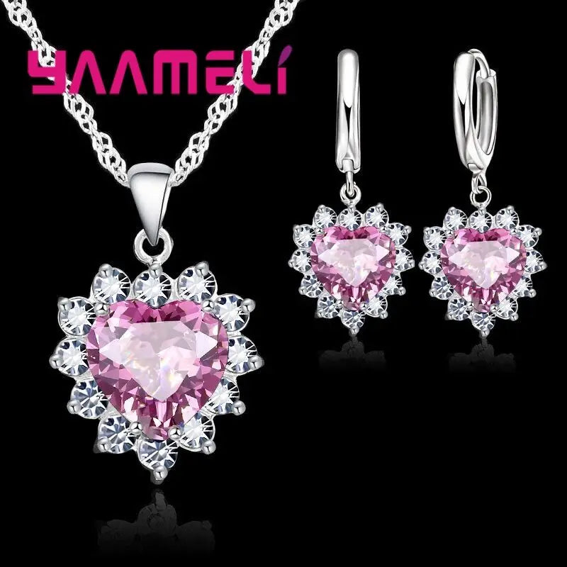 Trendy Jewelry Set for Women 925 Sterling Silver Color Heart CZ Stone Charm Pendants Necklaces Earrings LOVE Anniversary Gift Qme