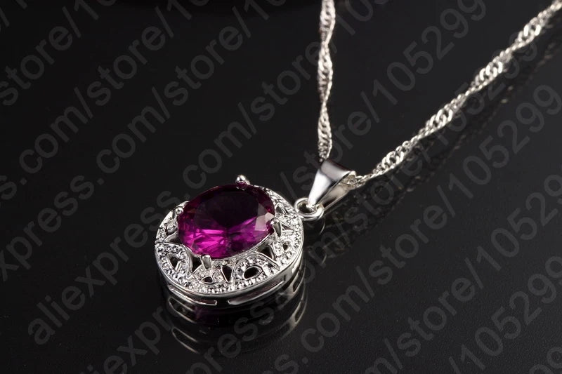 Elegant Women 925 Sterling Silver Color Purple Crystal Pendants Necklaces Earring Ring Set for Wedding Engagement Jewelry Gift Qme
