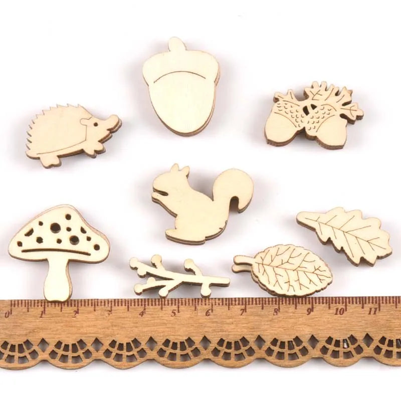 Mix Mushroom/hedgehog/squirrel/Pine Cones/leaves Pattern Wooden Ornament Wood For Scrapbooking DIY Carfts Home Decor 20pcs m2154 Qme