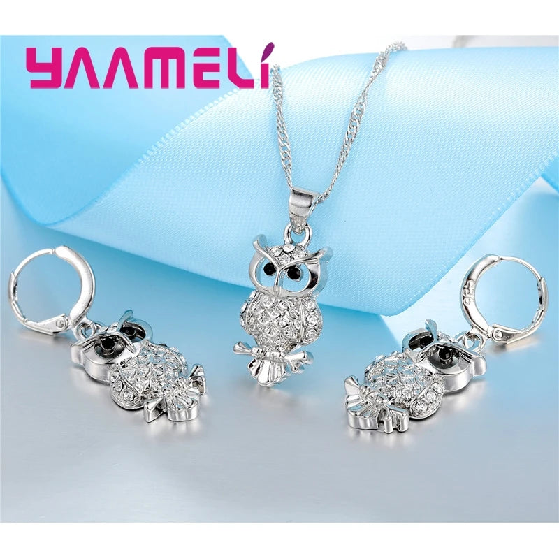 Shining Full African AAA Crystal Owl Pendant Necklace Earrings Sets Women Best Gifts 925 Sterling Silver Color Party Accessory Qme