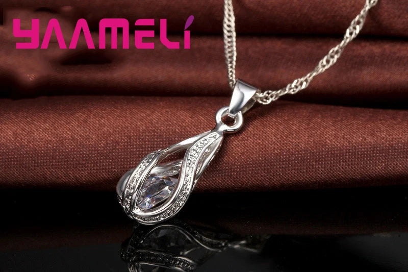 Hot Water Drop CZ 925 Sterling Silver Plated Jewelry Set For Women Pendant Necklace Hoop Earrings Wedding Party Ceremoey Anel Qme