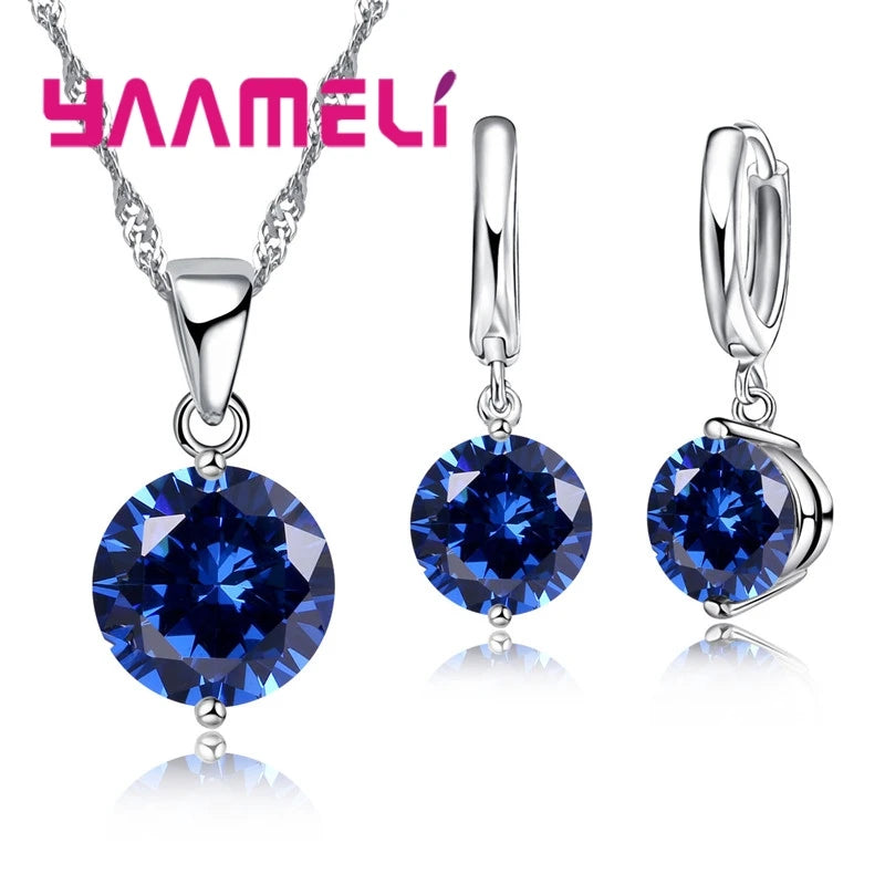 925 Sterling Silver Color Pendant Necklace Huggie Earrings Sets for Wedding Engagement Austrian CZ Crystal Women Girl Gifts Qme Blue