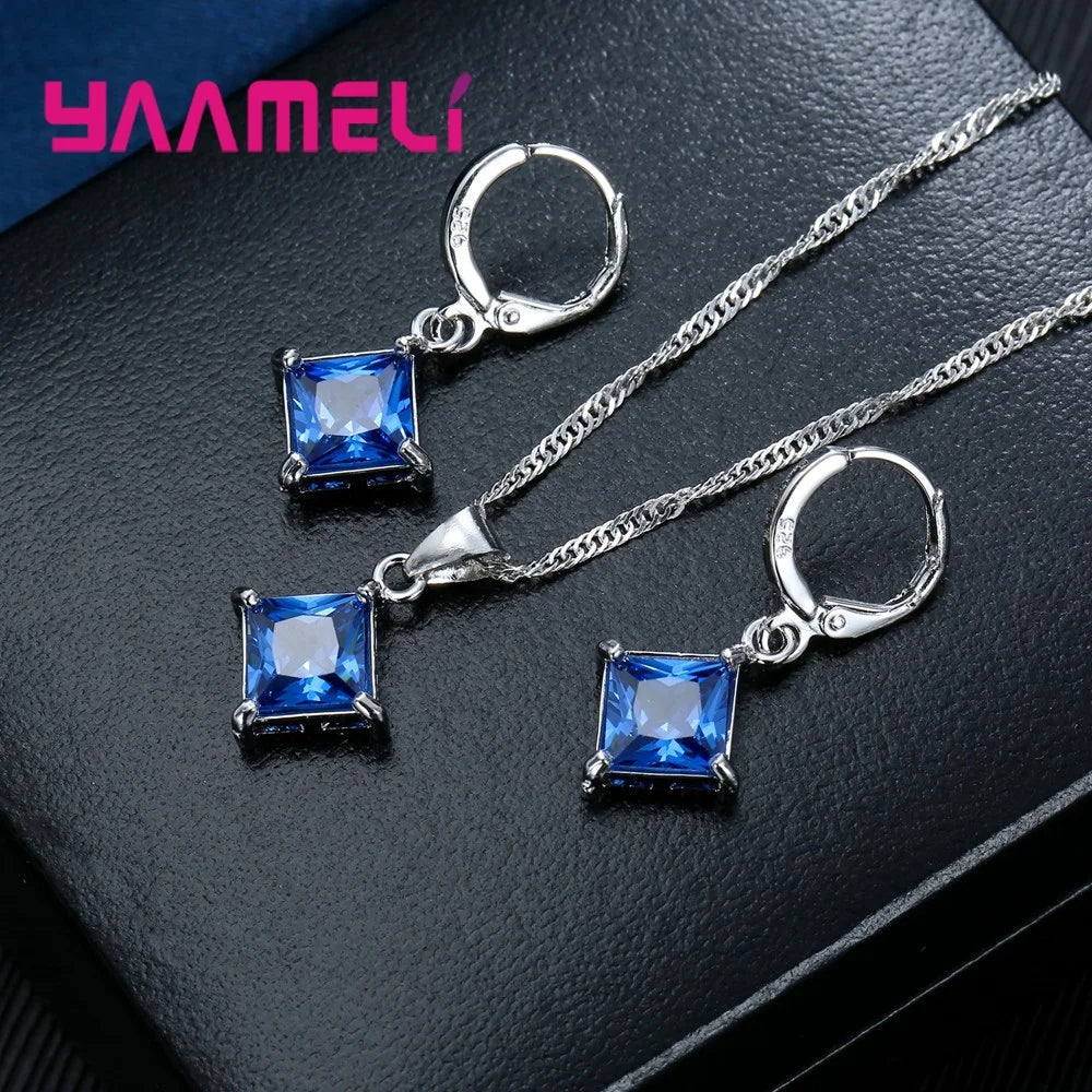 Authentic 925 Sterling Silver Color CZ Geometric Classic Square Huggie Earrings Necklace Sets for Women Fine Jewelry Qme